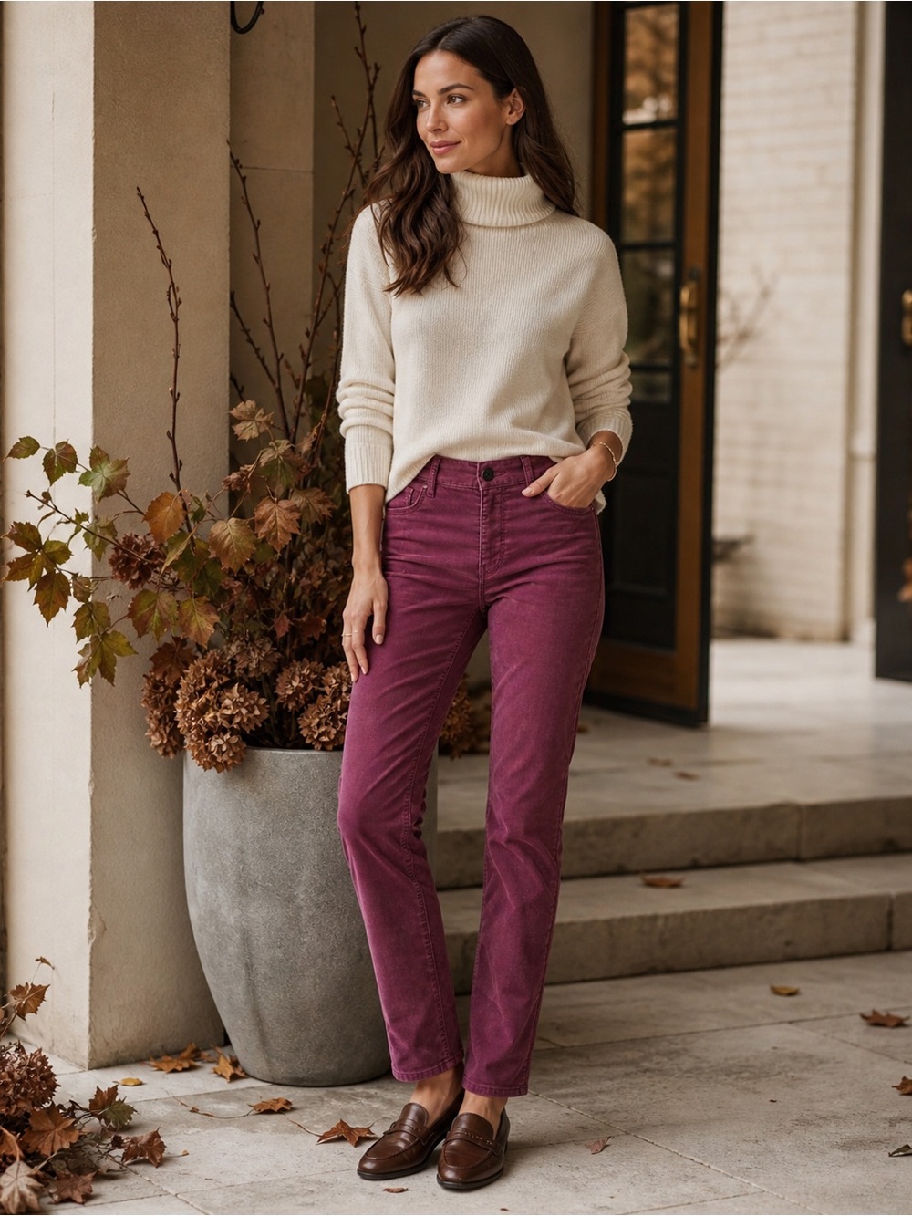 LOFT Modern Straight Corduroy Pants Burgundy Size 27 Soft Stretch Classic